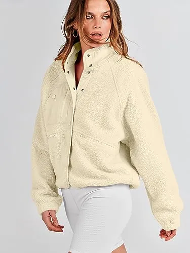 ANRABESS Womens Fuzzy Fleece Jacket Fall Casual Long Sleeve Cropped Sherpa Button Down Shacket Coats Outwear With Pockets Khaki Small