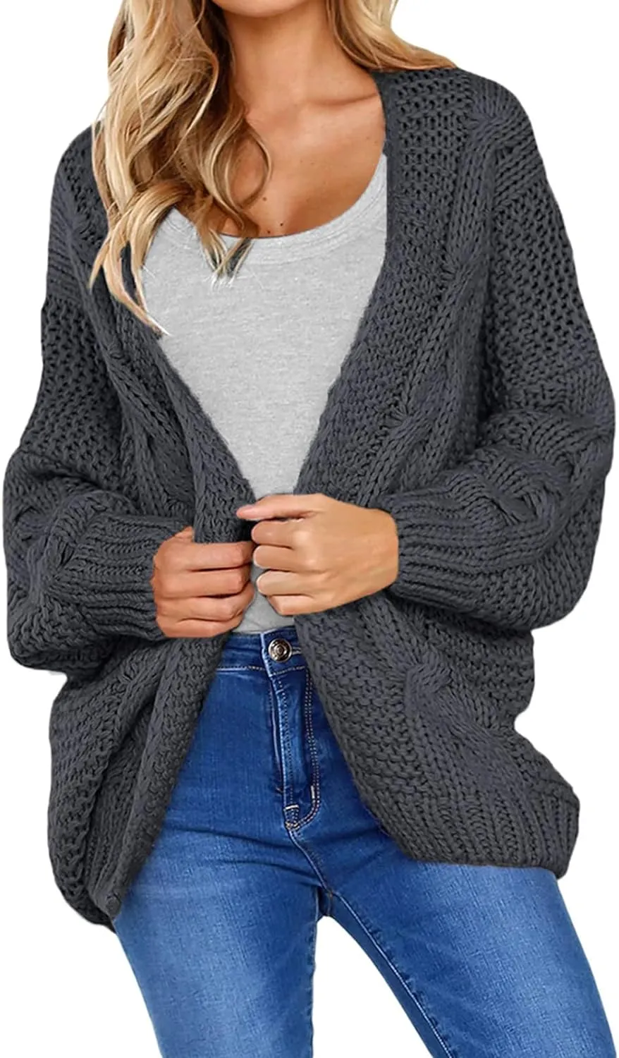 Astylish Womens 2023 Open Front Long Sleeve Chunky Knit Cardigan Sweaters Loose Outwear Coat