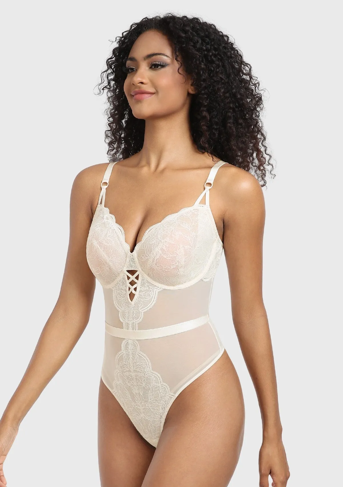 Blossom Mist Plus Size Lace Bodysuit Sexy Unlined Underwire Top Lingerie One Piece Snap Crotch Teddy