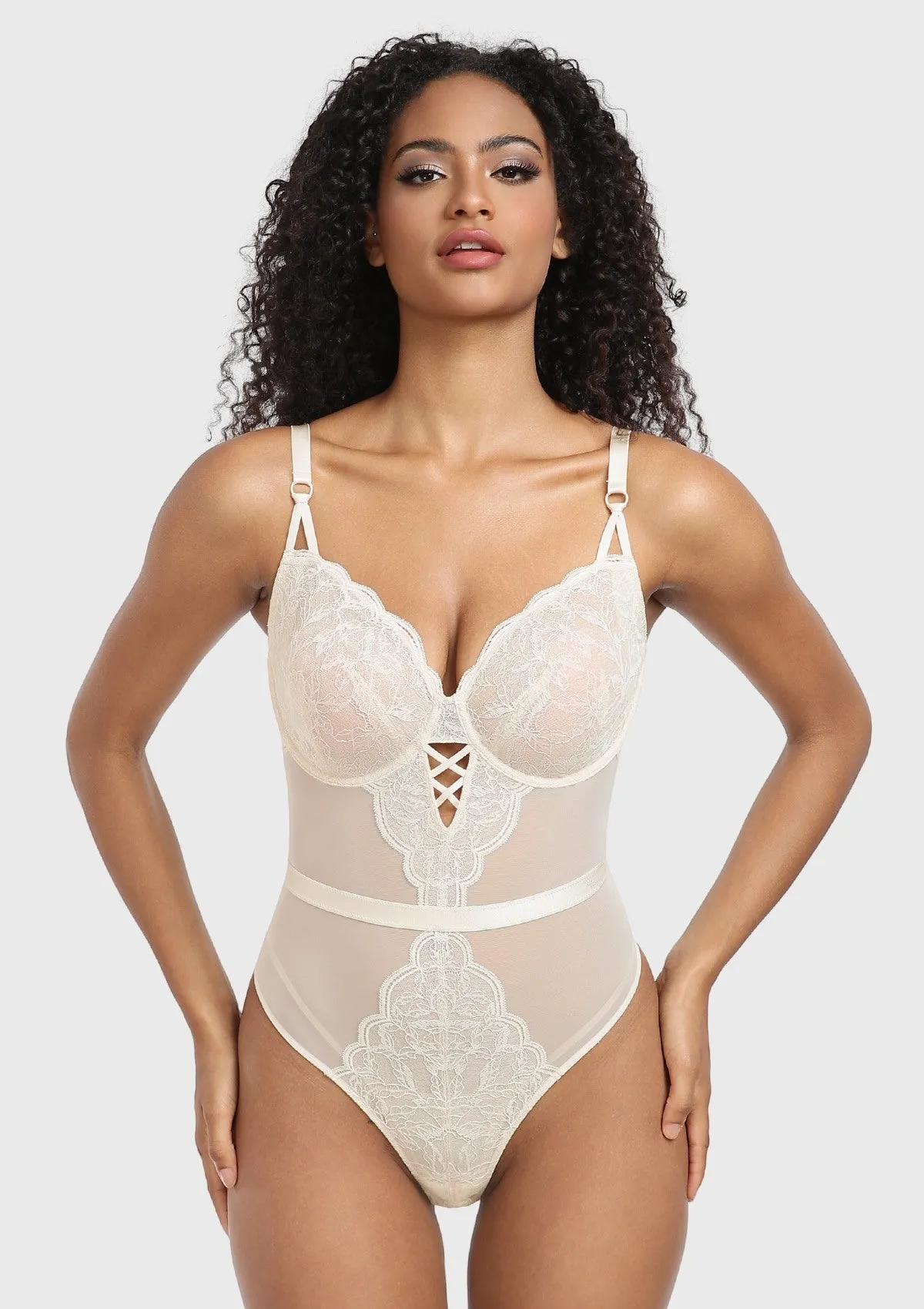 Blossom Mist Plus Size Lace Bodysuit Sexy Unlined Underwire Top Lingerie One Piece Snap Crotch Teddy