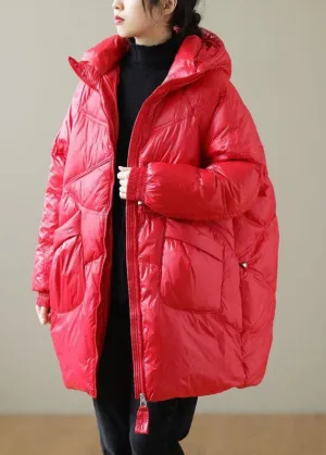 Boutique Red Hooded Drawstring Duck Down Puffer Jacket Winter