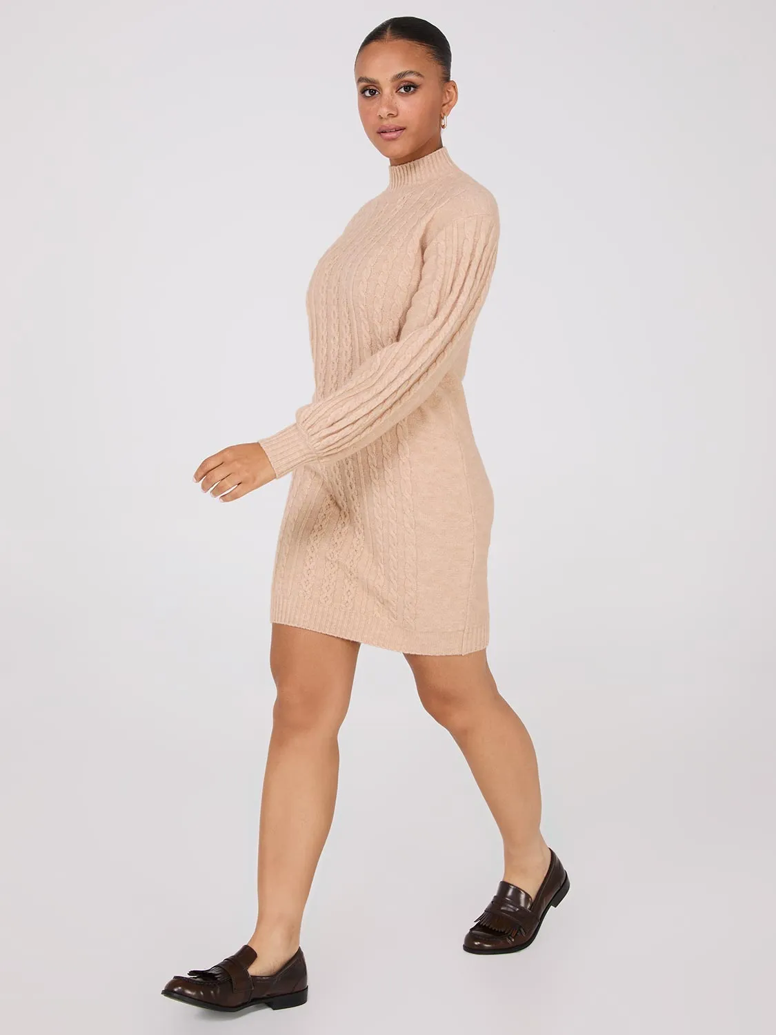 Cable Knit Mock Neck Sweater Dress