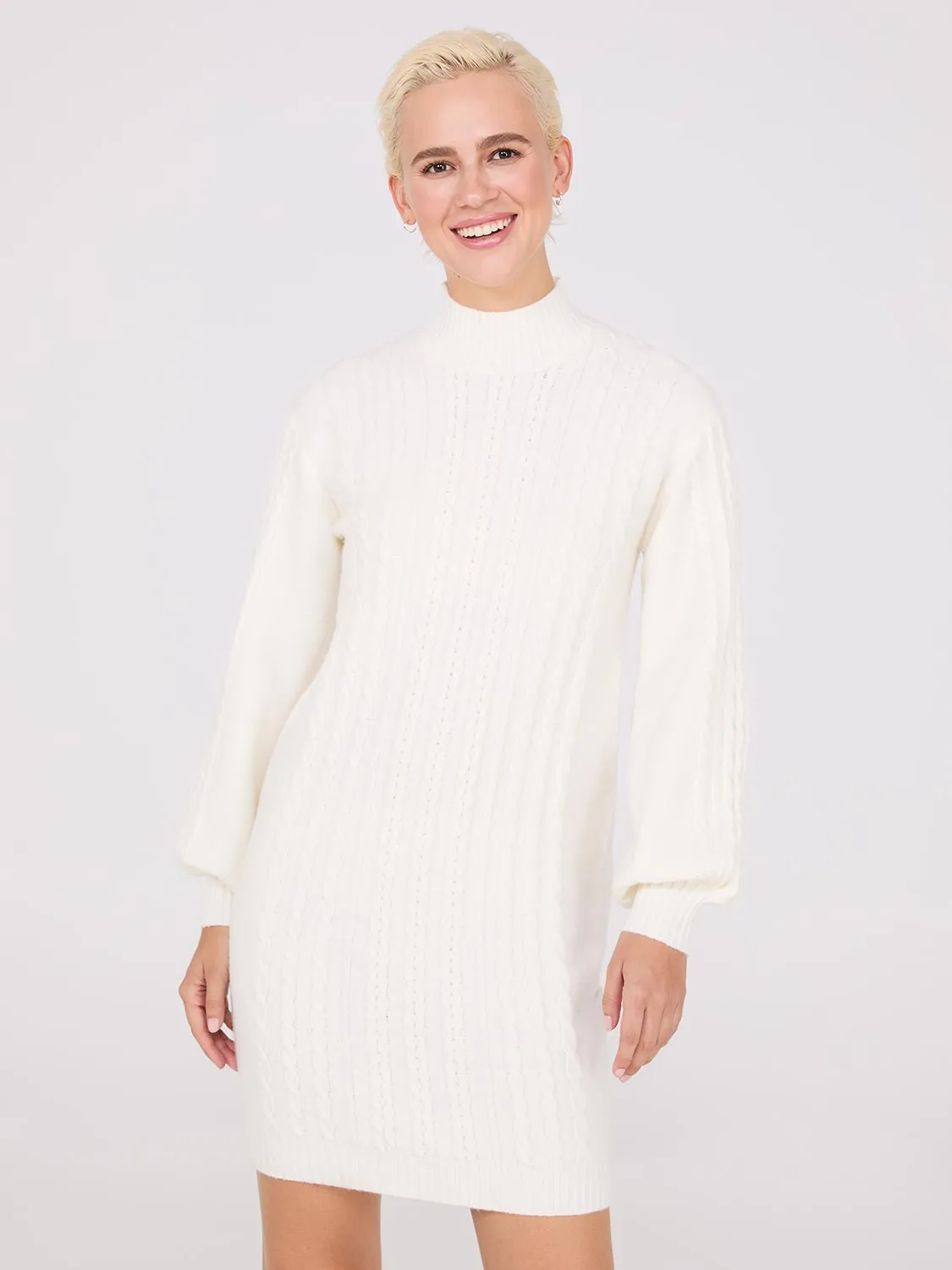 Cable Knit Mock Neck Sweater Dress