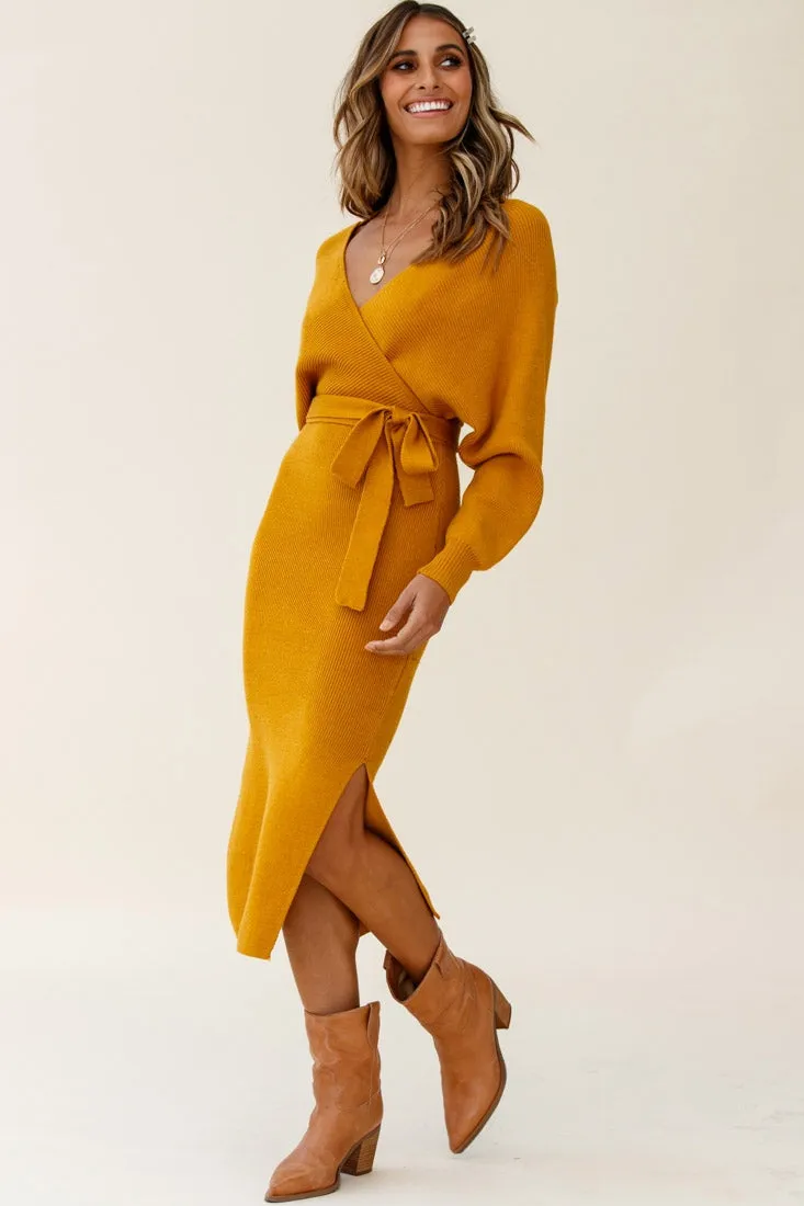 Cameo Batwing Knit Midi Dress Mustard