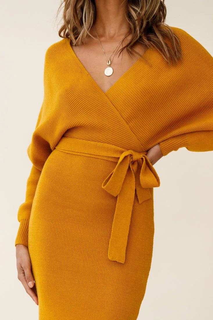 Cameo Batwing Knit Midi Dress Mustard