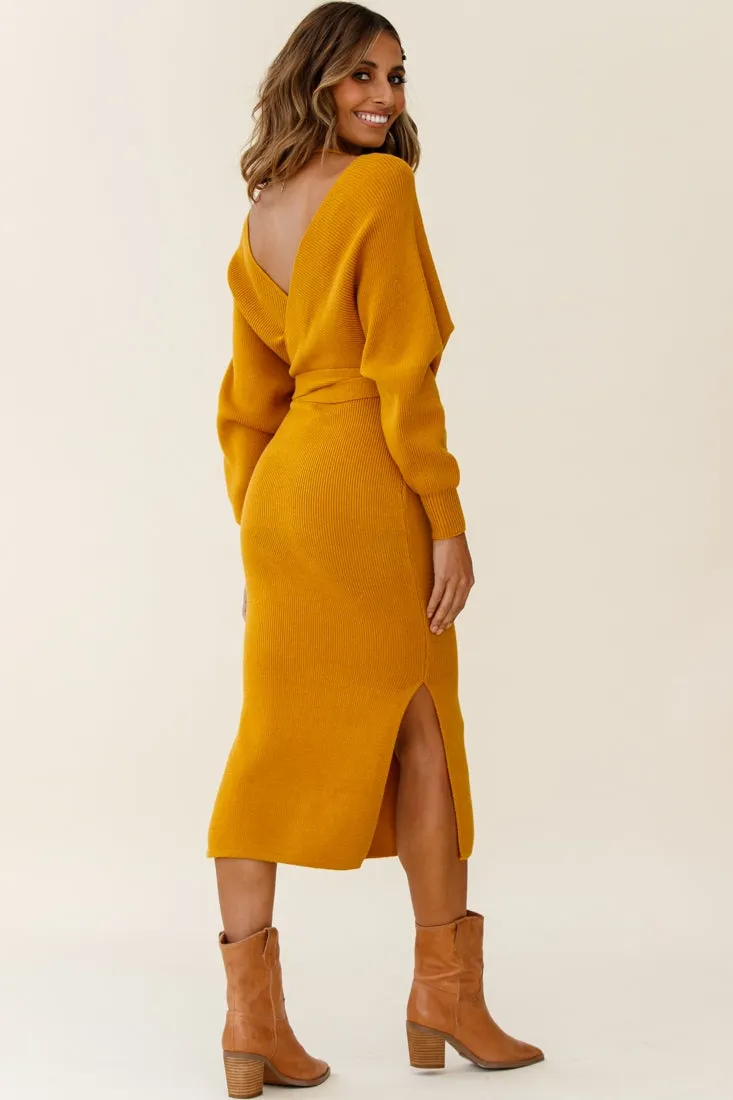 Cameo Batwing Knit Midi Dress Mustard