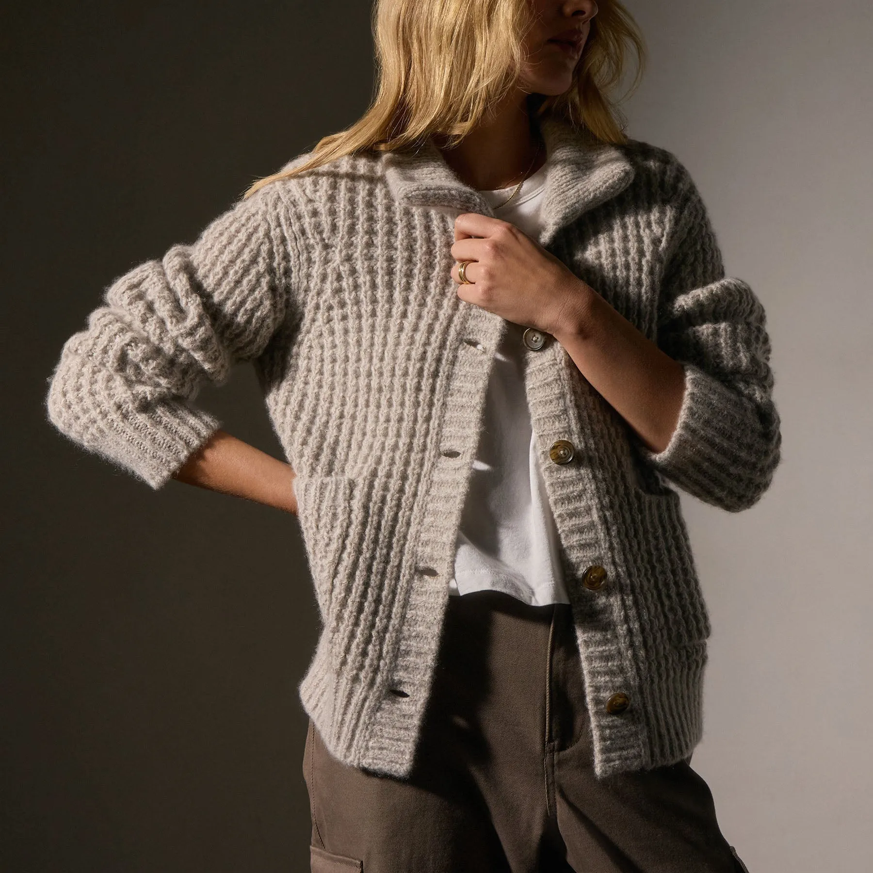 Cashmere Chunky Waffle Cardigan - Hazel