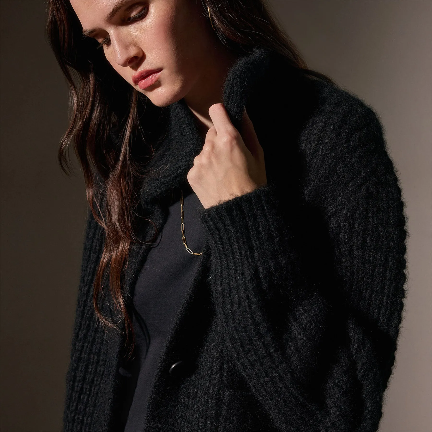 Cashmere Chunky Waffle Cardigan - True Black