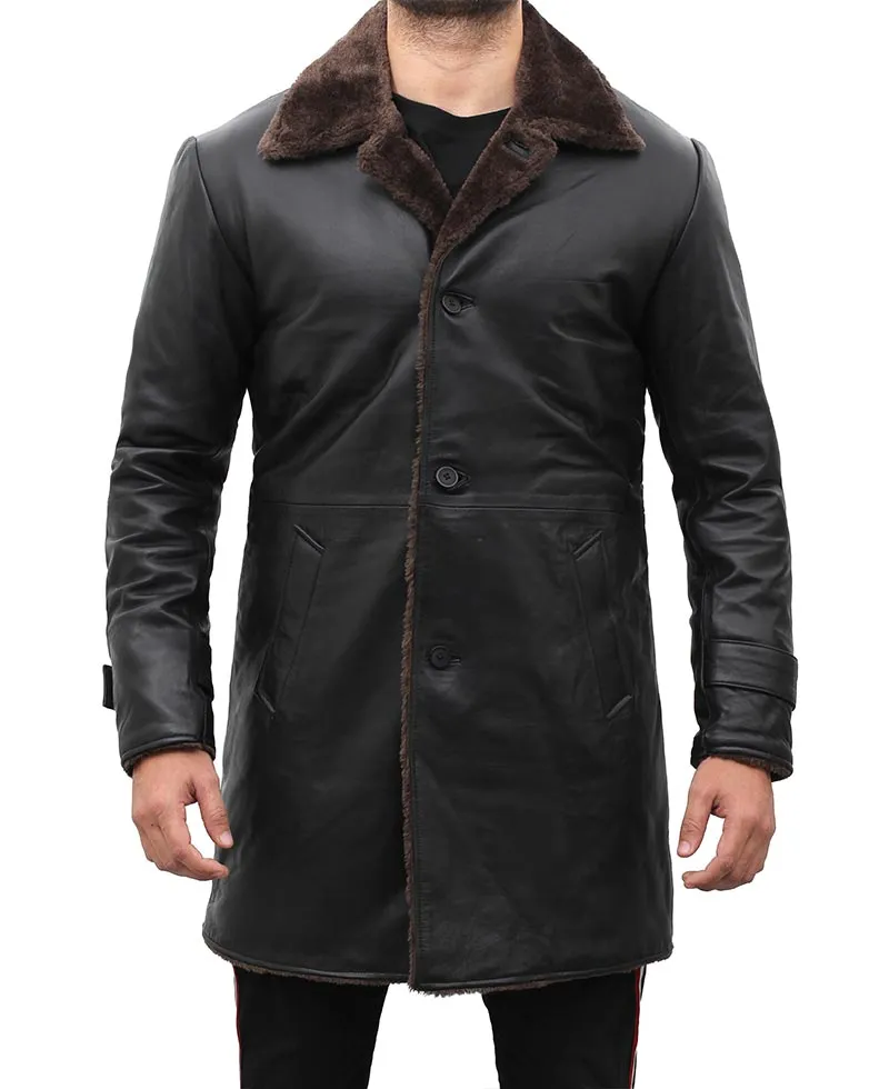 Chandler Mens Shearling Lined 3 4 Length Leather Coat Black