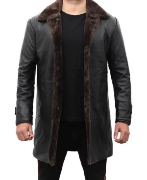 Chandler Mens Shearling Lined 3 4 Length Leather Coat Black