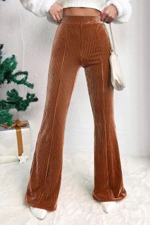 Chestnut Solid Color High Waist Flare Corduroy Pants