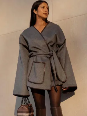 Chic dark gray v-neck coat blanket coat fall coat with belt