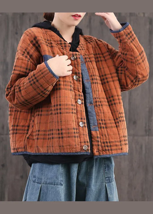 diy Orange Plaid Patchwork Corduroy Winter Coat