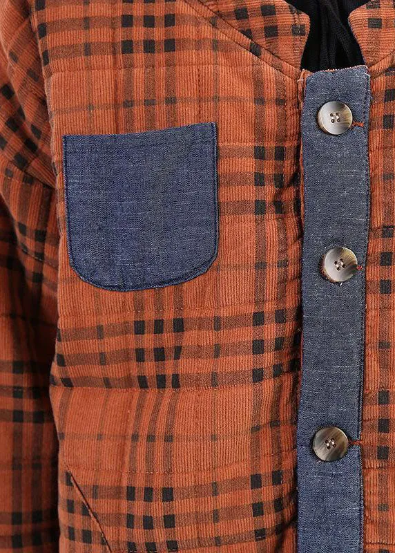 diy Orange Plaid Patchwork Corduroy Winter Coat