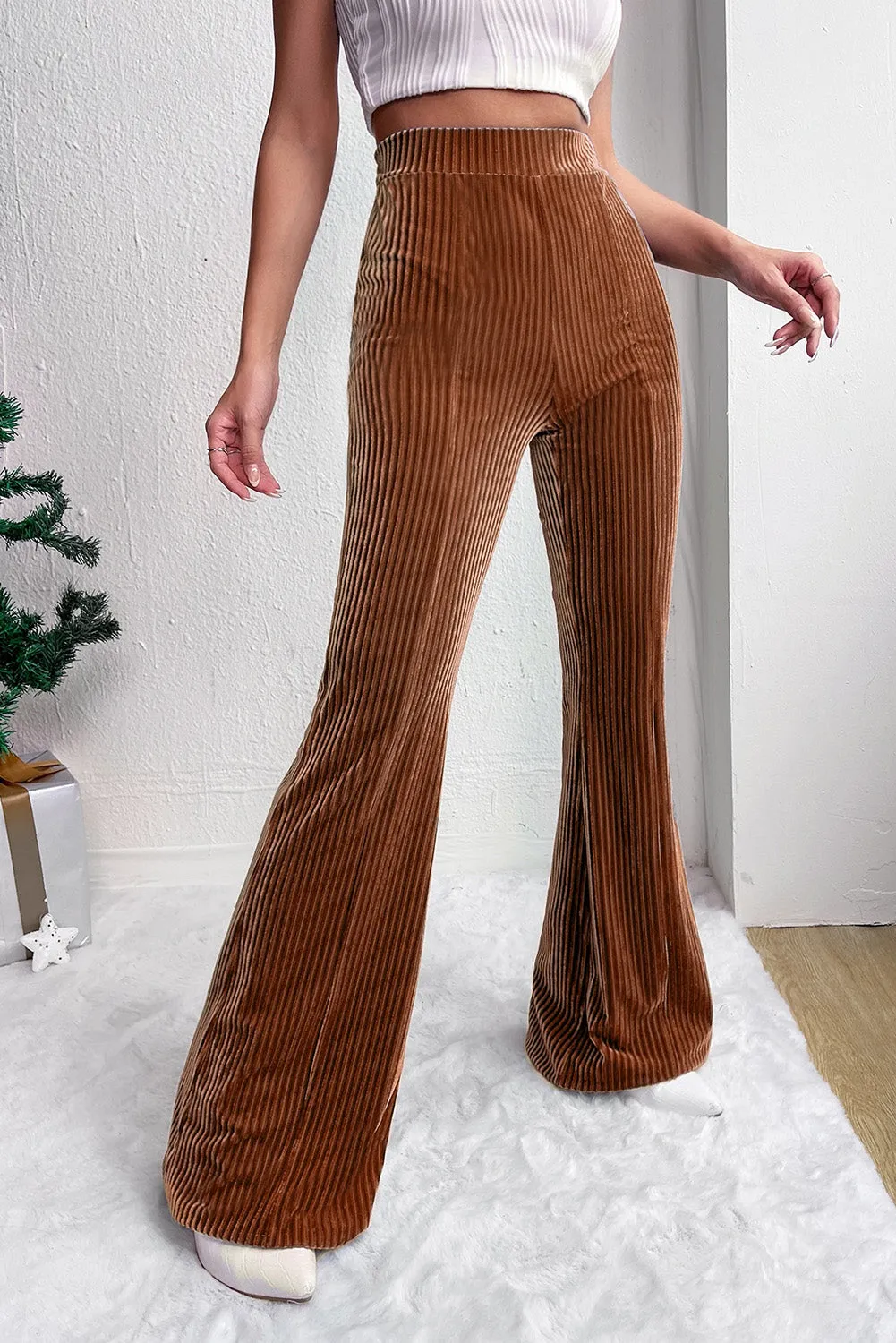 Dusty Pink Solid Color High Waist Flare Corduroy Pants