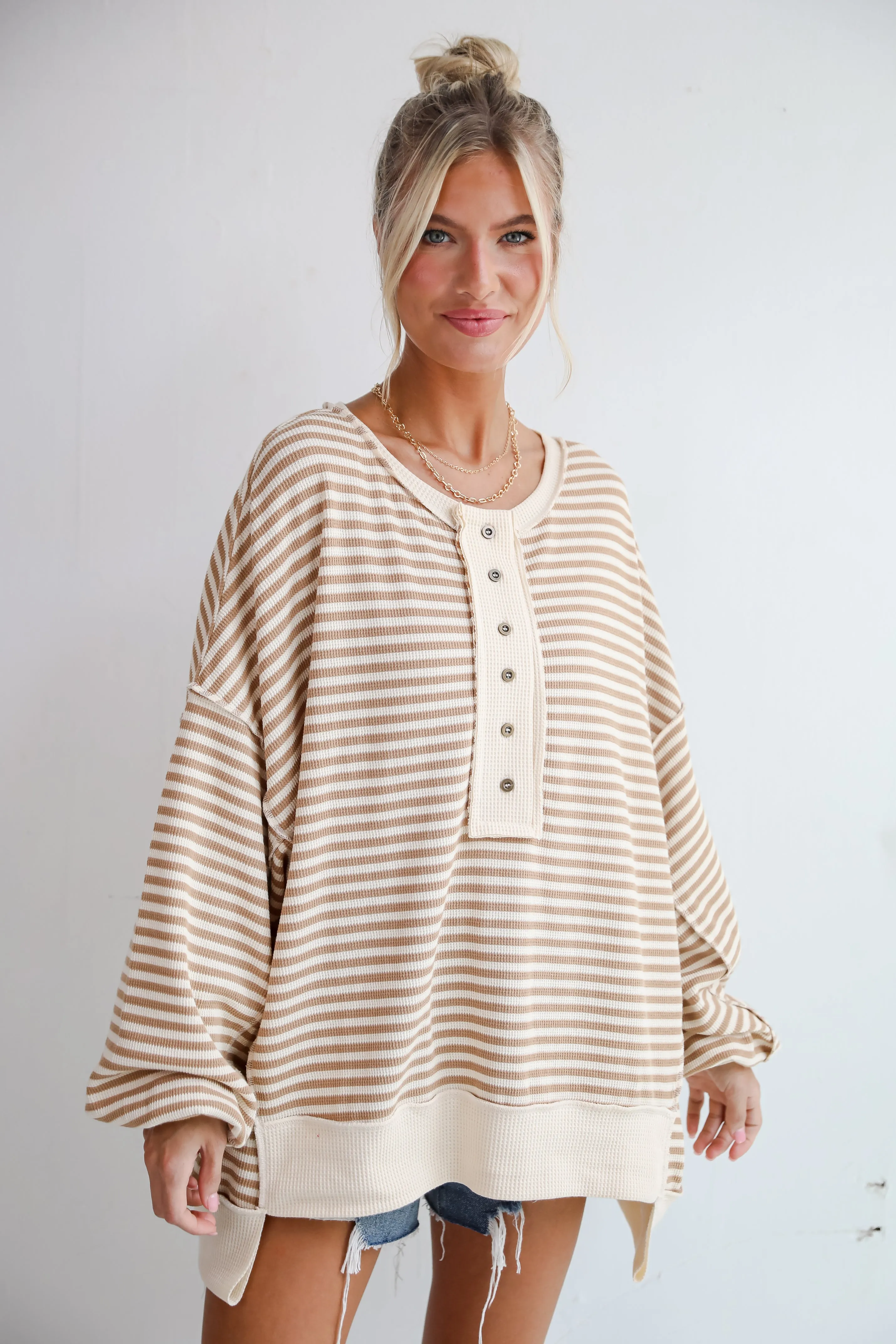 Enviably Cozy Cream Striped Oversized Waffle Knit Top