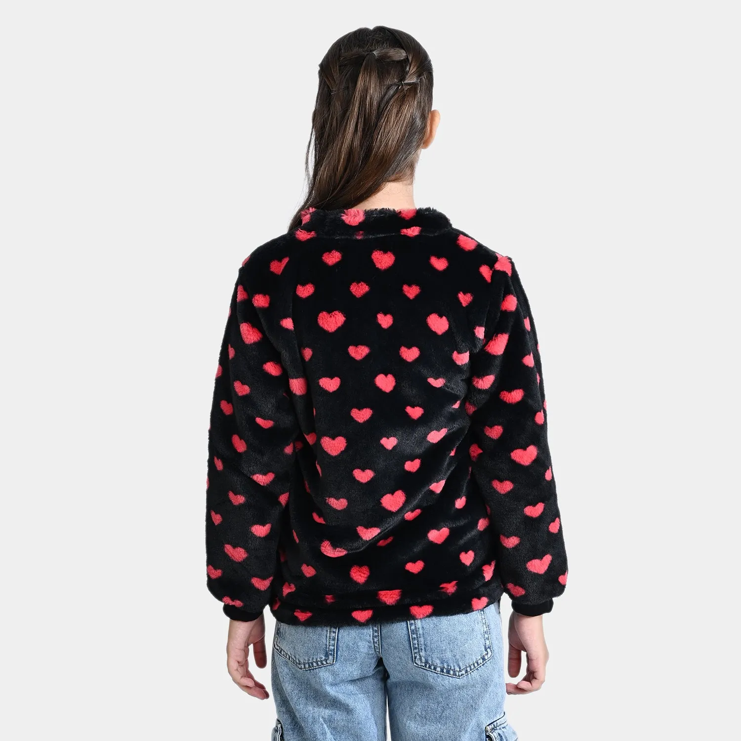 Girls Fleece Knitted Jacket All Hearts-BLACK