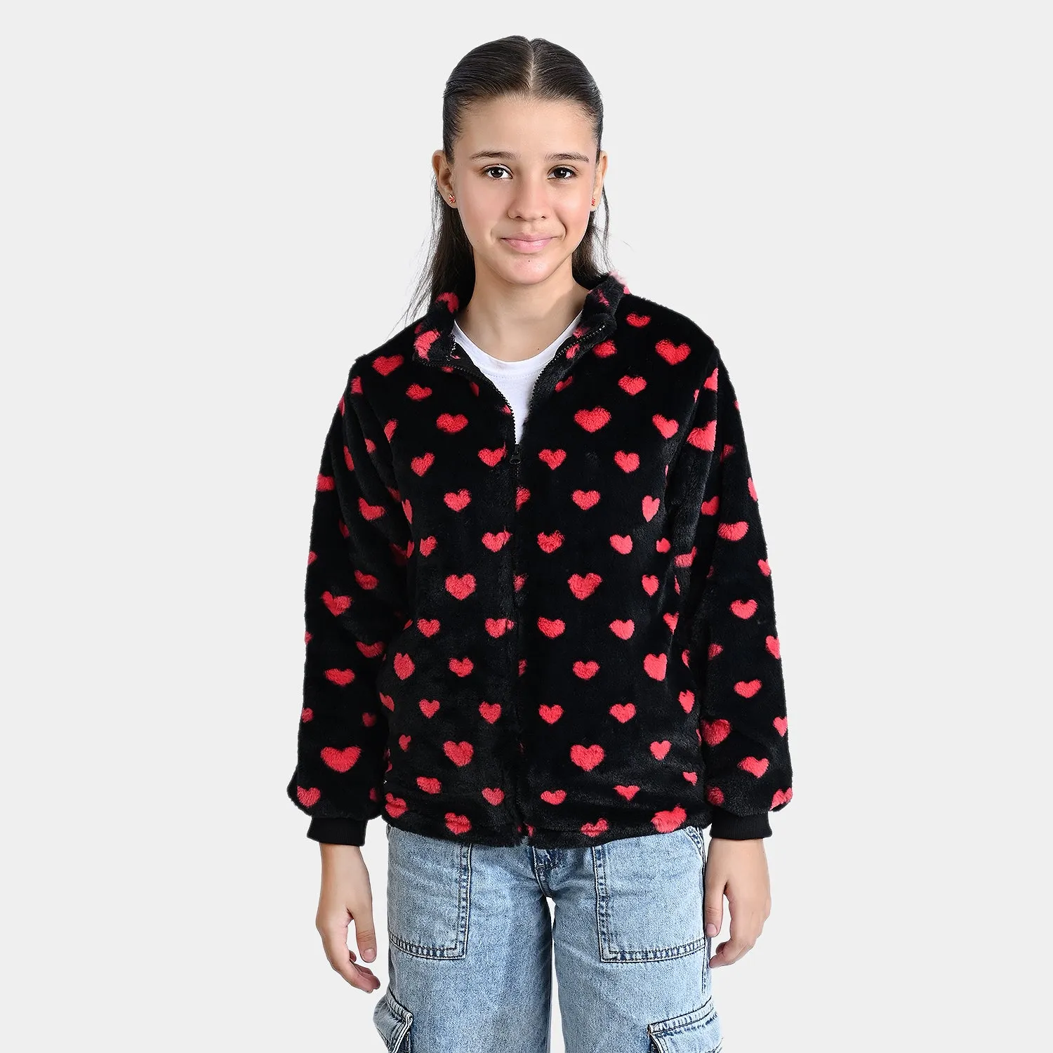 Girls Fleece Knitted Jacket All Hearts-BLACK