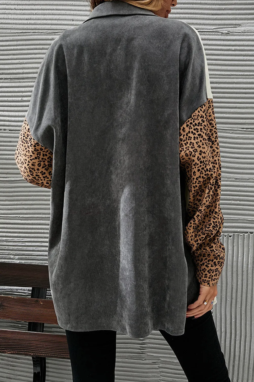 Gray Color Block Leopard Patched Corduroy Shacket