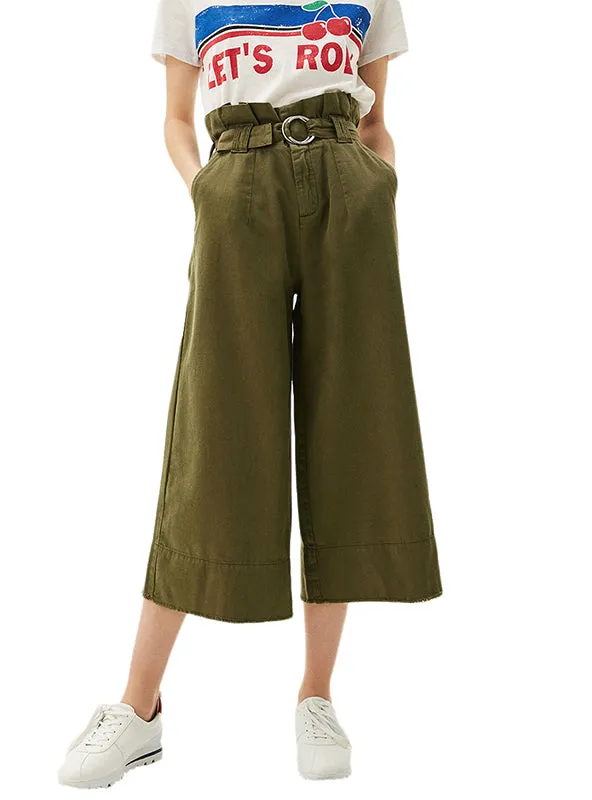 Khaki Wide Leg Pants Casual Ruffles Loose Bottom