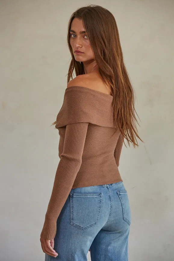 Knit Sweater Off Shoulder Long Sleeve Top Brown