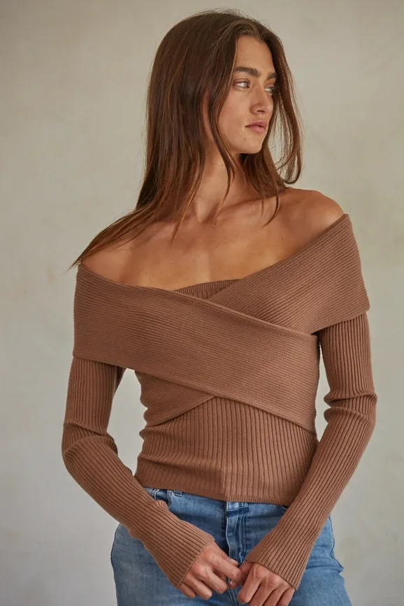 Knit Sweater Off Shoulder Long Sleeve Top Brown