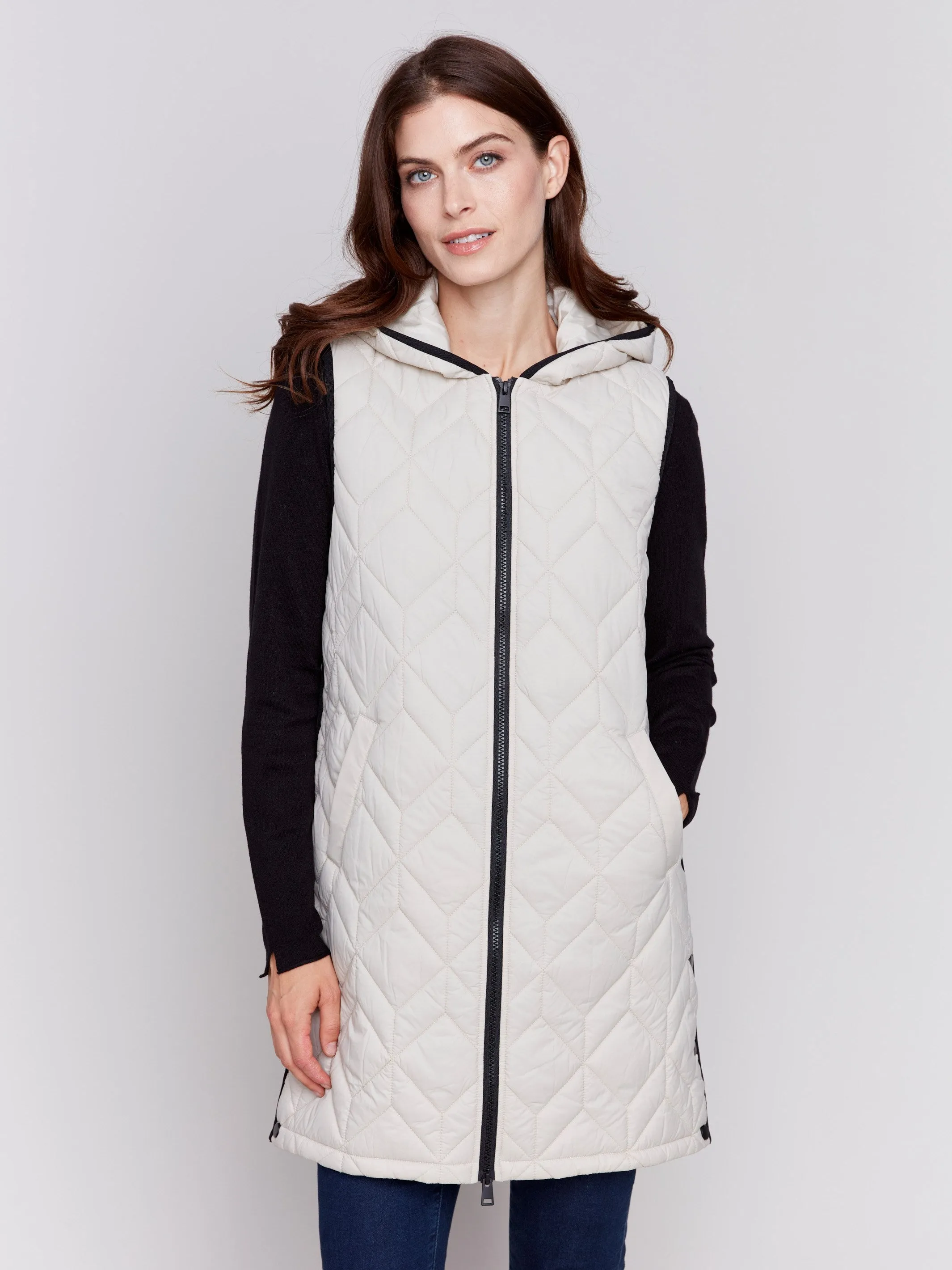 Long Quilted Puffer Vest With Hood - Almond