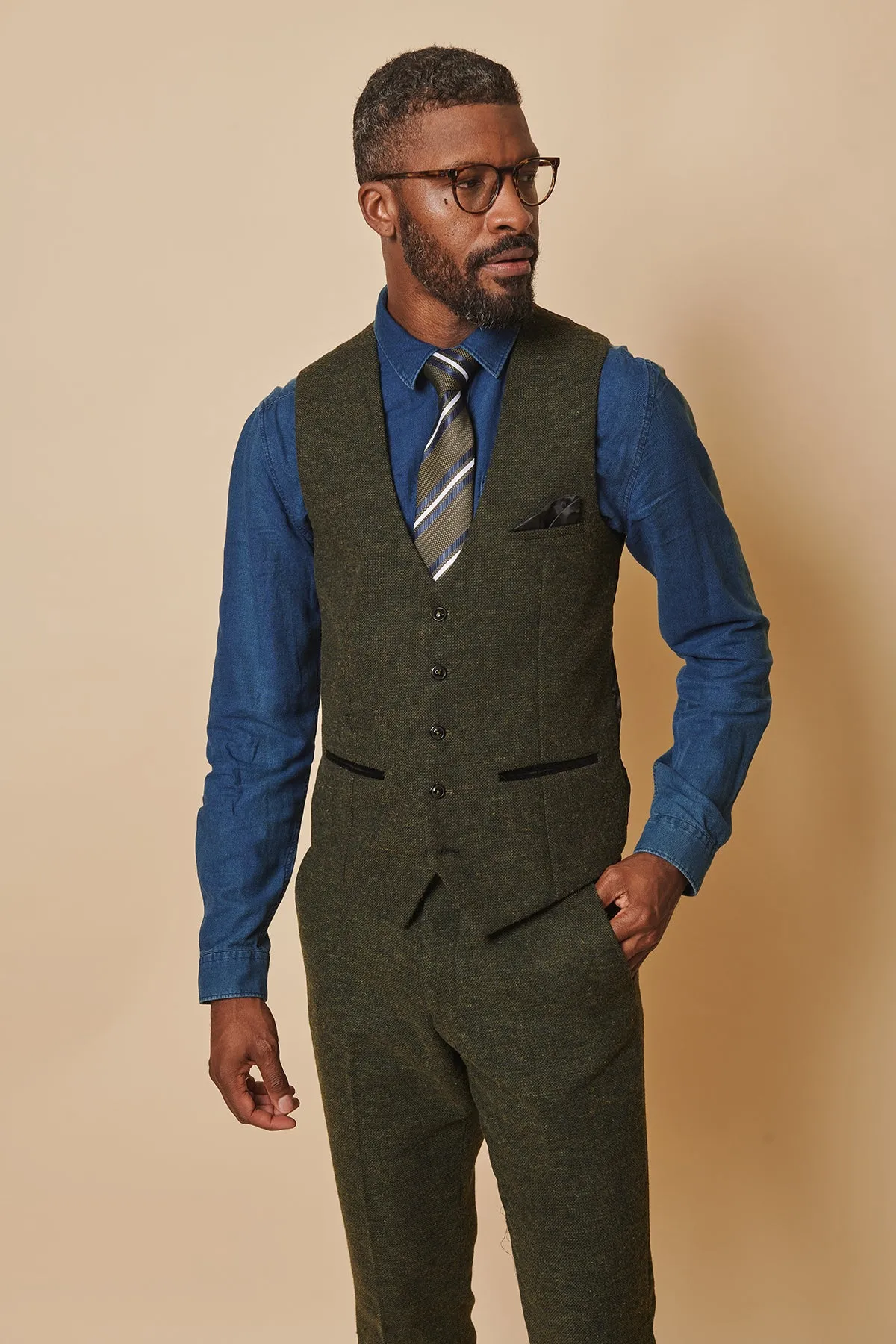 MARLOW - Olive Green Tweed Single Breasted Waistcoat