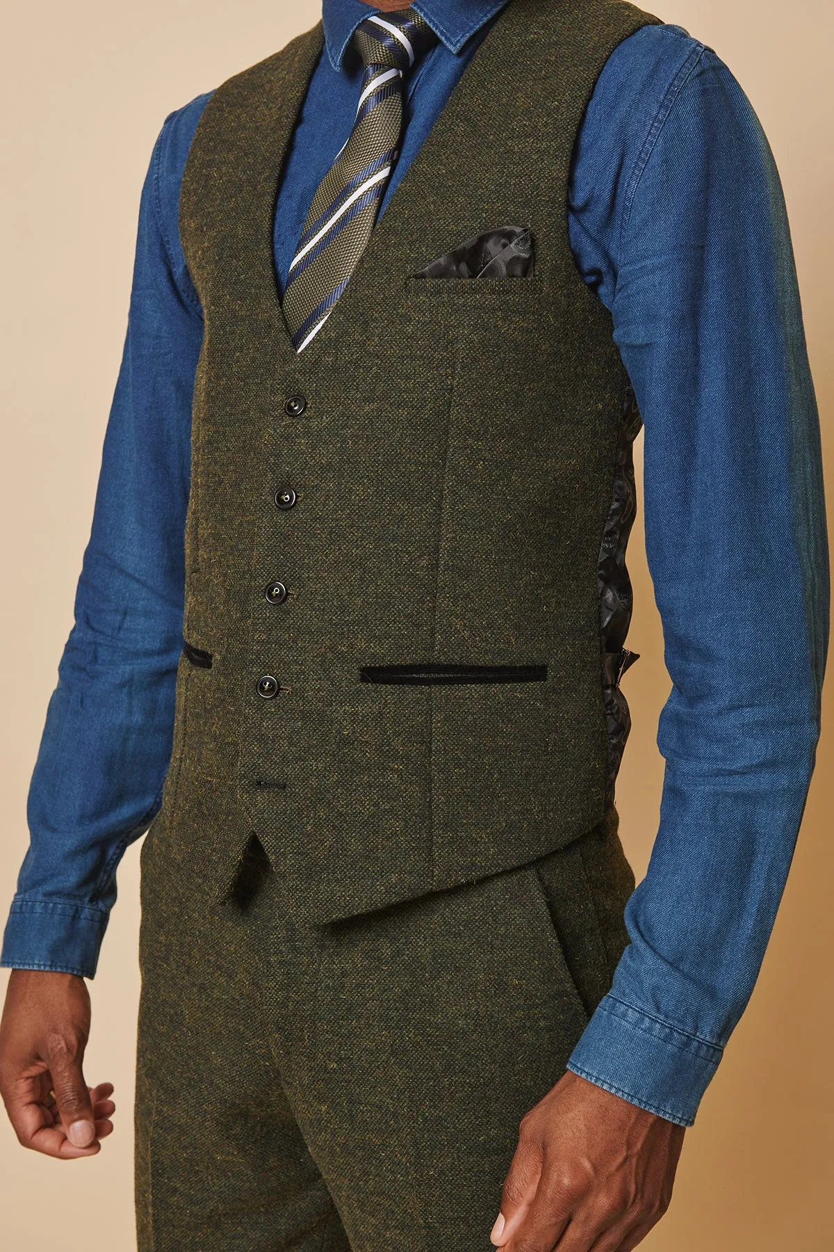 MARLOW - Olive Green Tweed Single Breasted Waistcoat