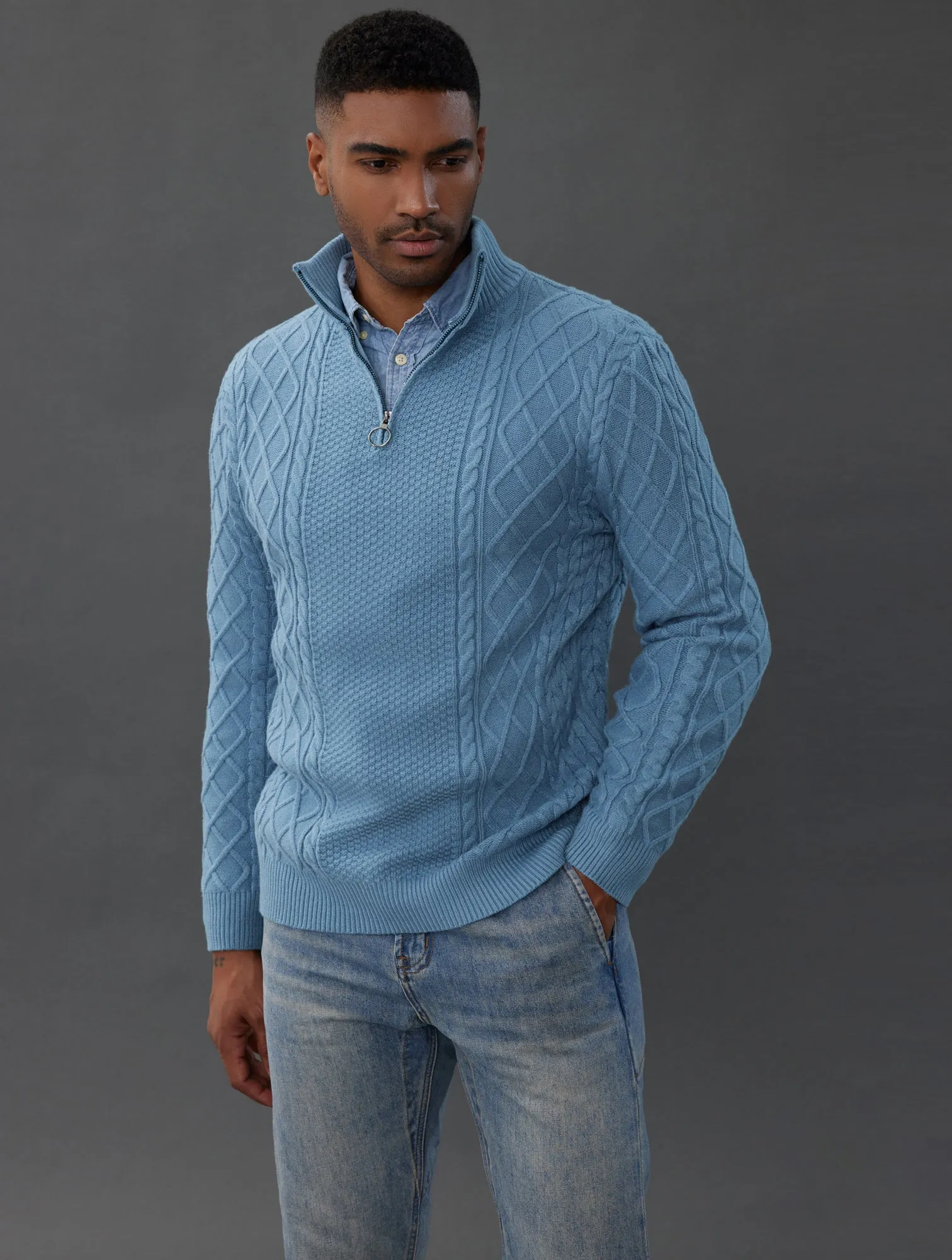 Men's Casual Quarter-Zip Sweaters Cable Knit Thermal Pullover