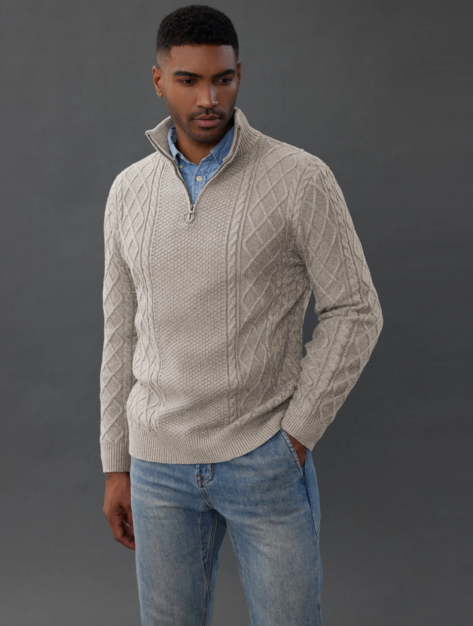 Men's Casual Quarter-Zip Sweaters Cable Knit Thermal Pullover