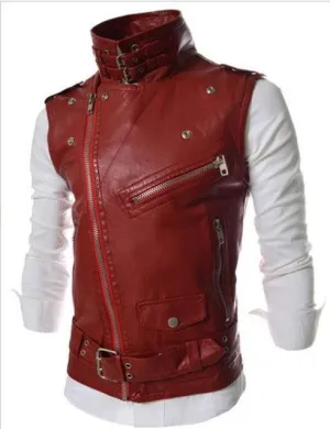 Men's Fashion Leather Vest Jackets Man Sleeveless Motorcycle Tank Tops Spring Autumn zipper decoration Outerwear Coats