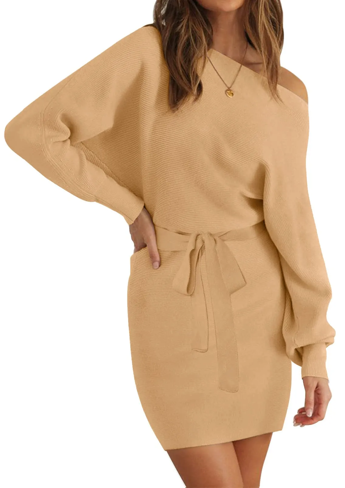 MEROKEETY Off Shoulder Ribbed Knit Belted Sweater Dress