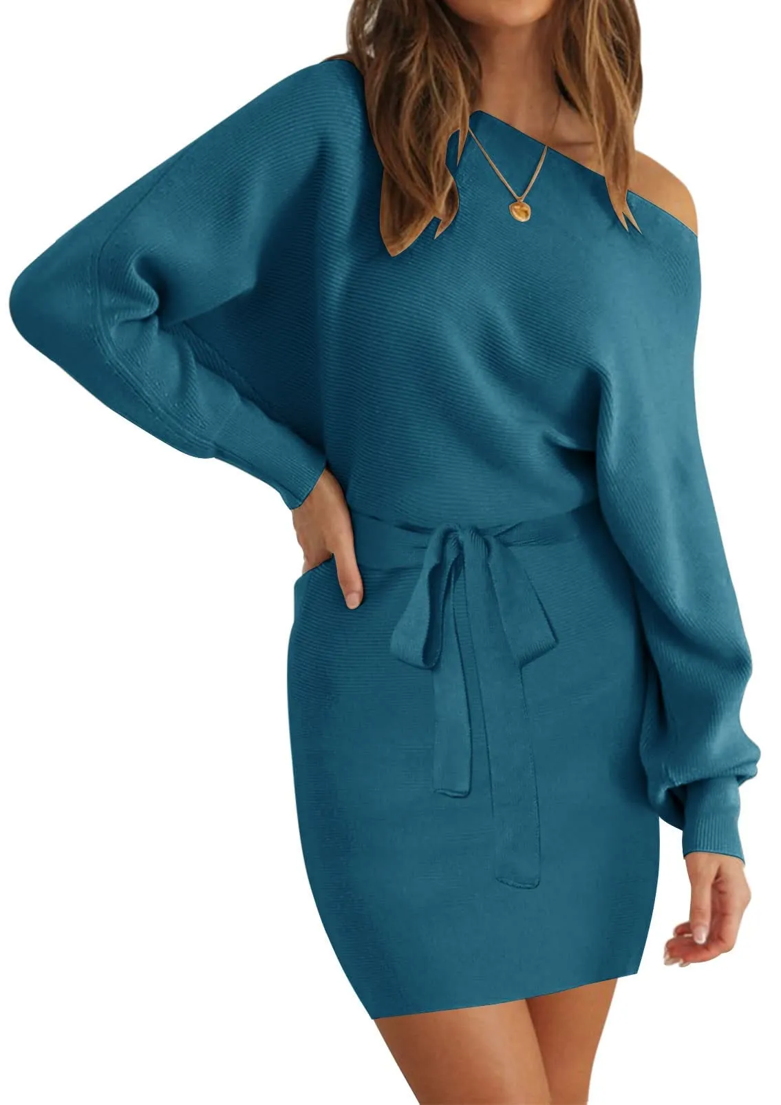 MEROKEETY Off Shoulder Ribbed Knit Belted Sweater Dress