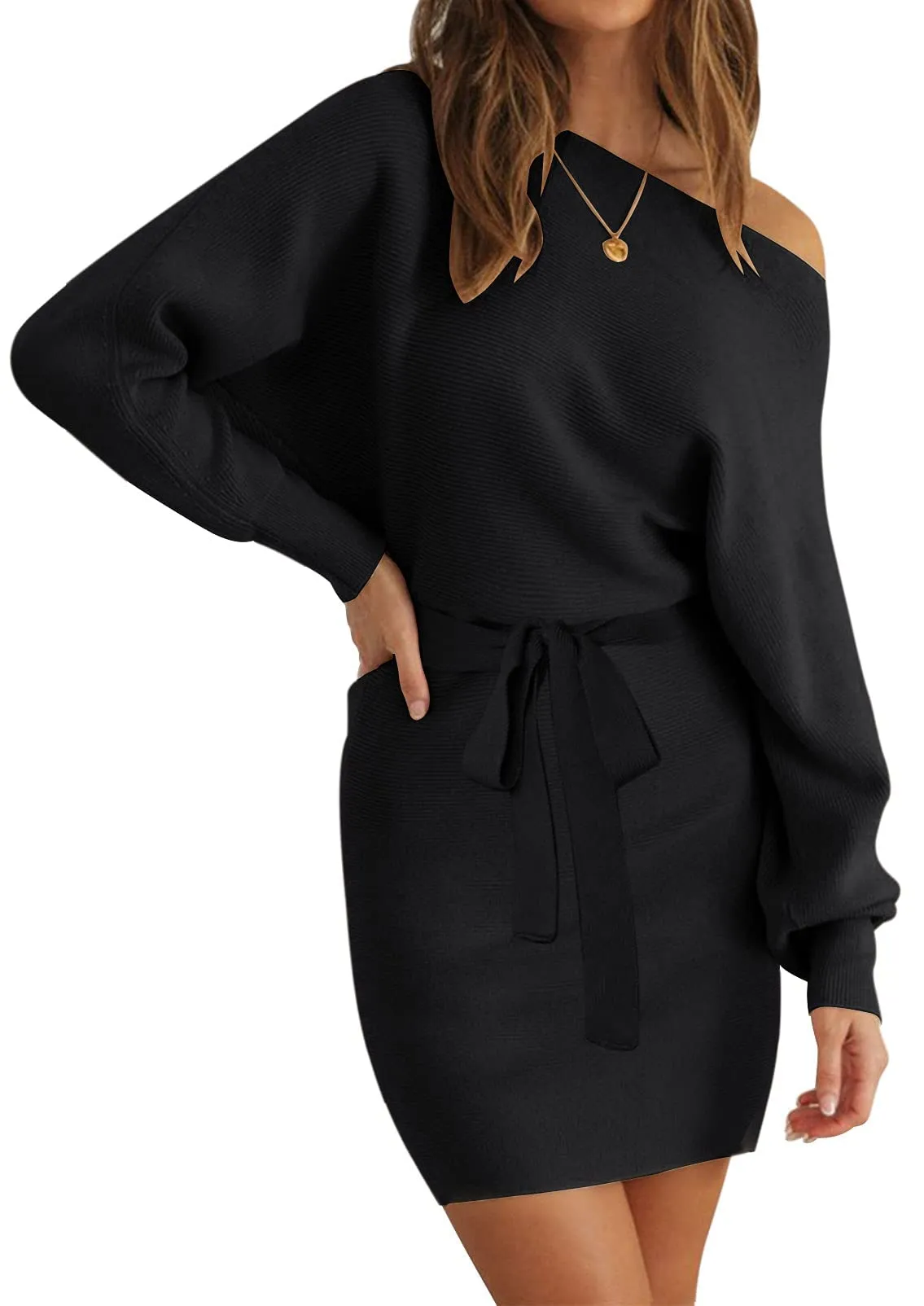 MEROKEETY Off Shoulder Ribbed Knit Belted Sweater Dress