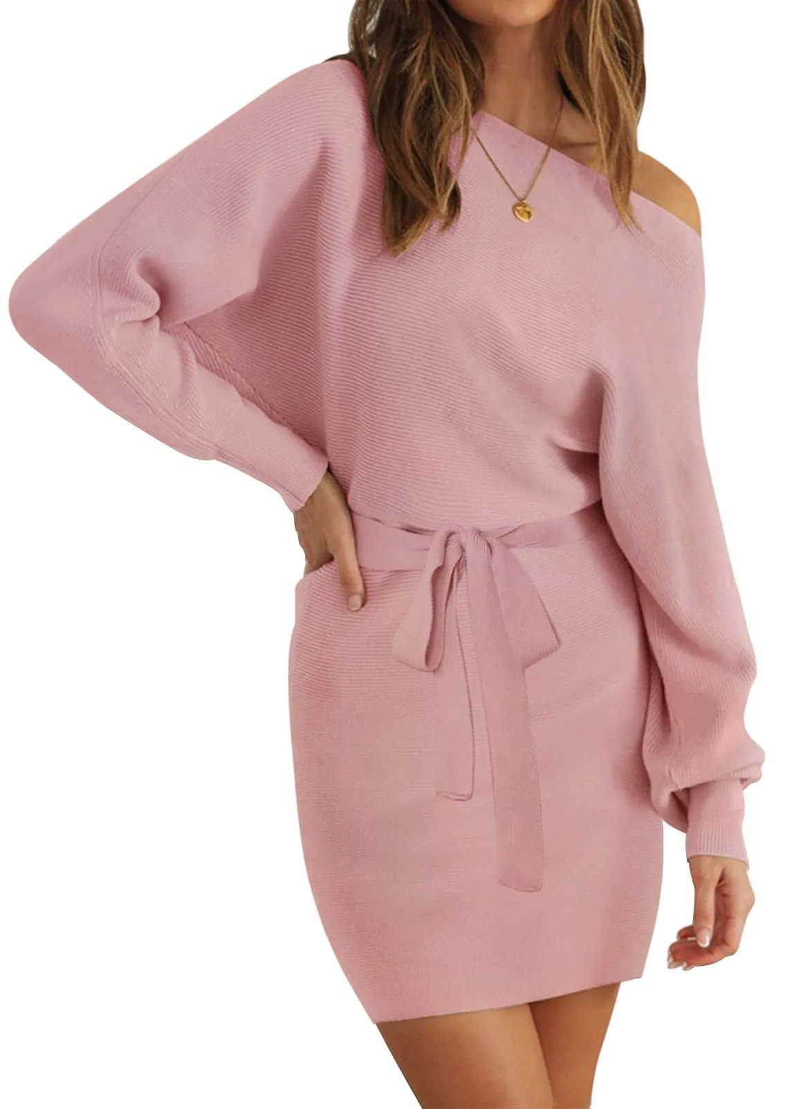 MEROKEETY Off Shoulder Ribbed Knit Belted Sweater Dress