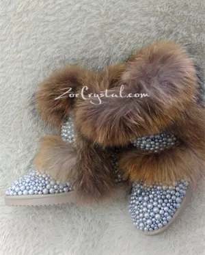 New Color**PROMOTION WINTER Bling and Sparkly Double Layers Fur SheepSkin Wool BOOTS w shinning Czech or Swarovski Crystals and Pearls