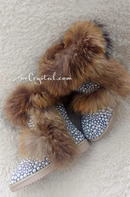 New Color**PROMOTION WINTER Bling and Sparkly Double Layers Fur SheepSkin Wool BOOTS w shinning Czech or Swarovski Crystals and Pearls