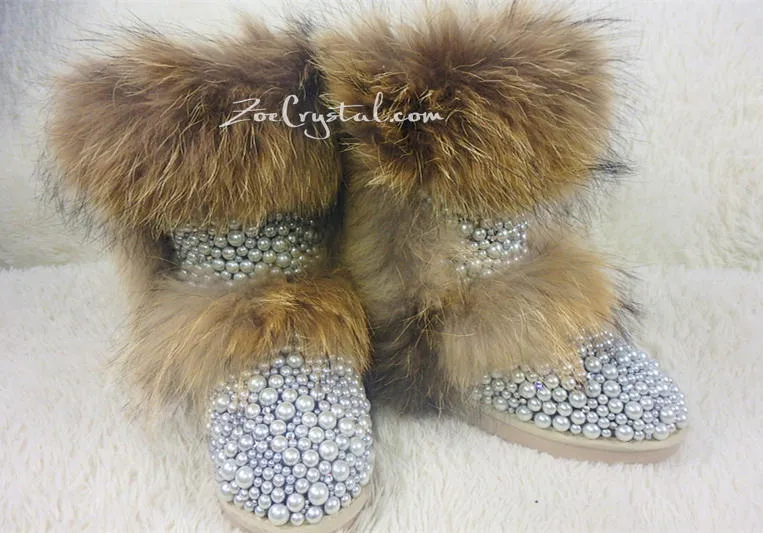 New Color**PROMOTION WINTER Bling and Sparkly Double Layers Fur SheepSkin Wool BOOTS w shinning Czech or Swarovski Crystals and Pearls