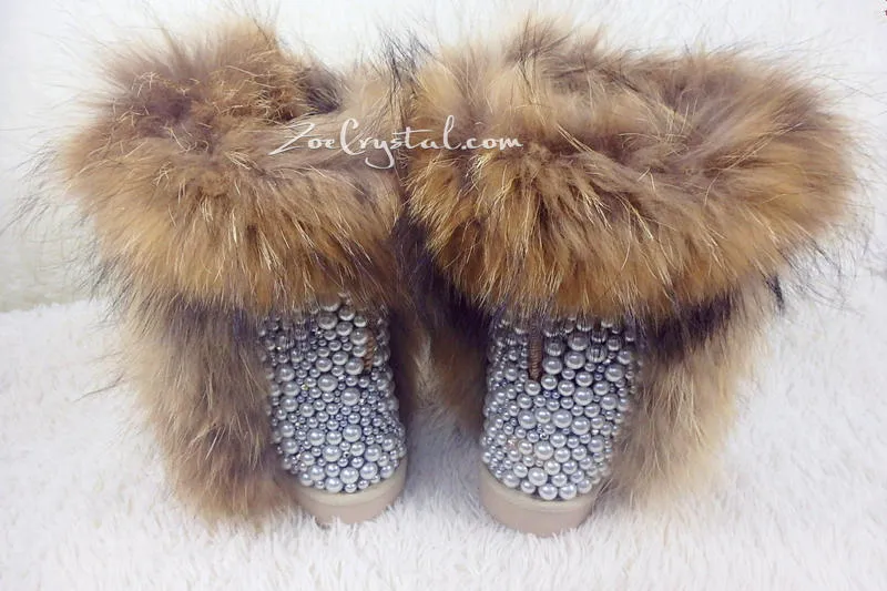 New Color**PROMOTION WINTER Bling and Sparkly Double Layers Fur SheepSkin Wool BOOTS w shinning Czech or Swarovski Crystals and Pearls