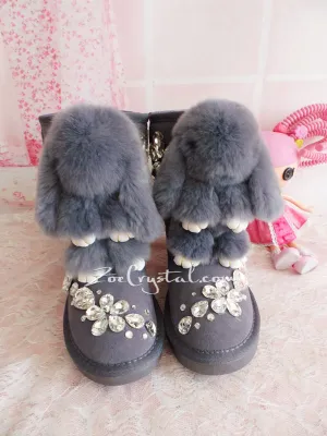 New **PROMOTION WINTER Bling and Sparkly Rabbit Fur SheepSkin Wool BOOTS w shinning Czech or Swarovski Crystals