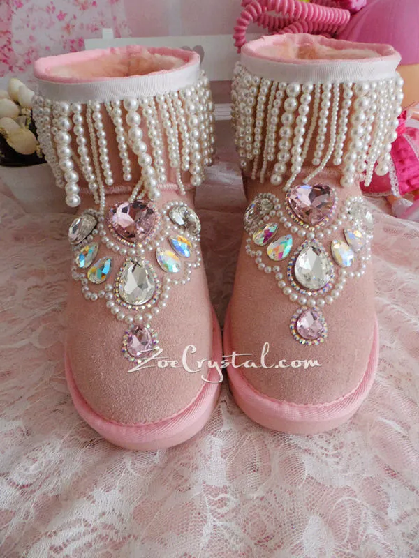 New **PROMOTION WINTER Pink Sheepskin Fleech/Wool Boots with shinning and Princess CRYSTALS Pearls