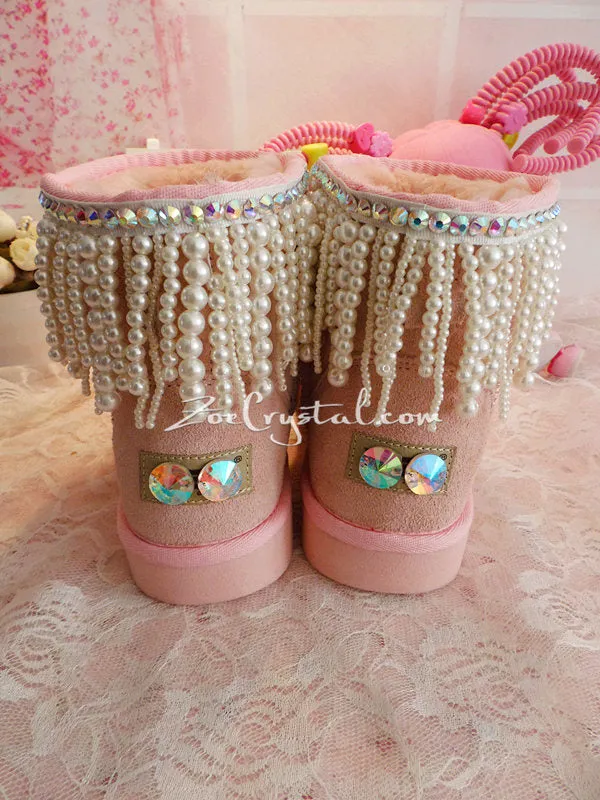 New **PROMOTION WINTER Pink Sheepskin Fleech/Wool Boots with shinning and Princess CRYSTALS Pearls