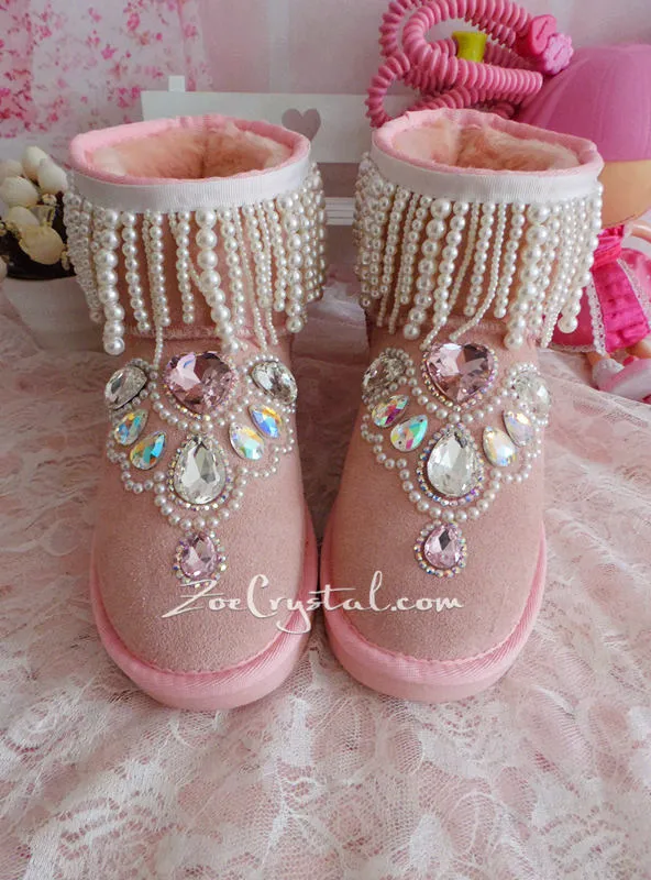 New **PROMOTION WINTER Pink Sheepskin Fleech/Wool Boots with shinning and Princess CRYSTALS Pearls