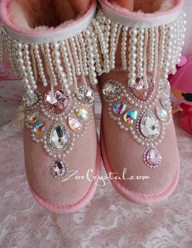 New **PROMOTION WINTER Pink Sheepskin Fleech/Wool Boots with shinning and Princess CRYSTALS Pearls