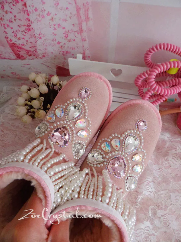 New **PROMOTION WINTER Pink Sheepskin Fleech/Wool Boots with shinning and Princess CRYSTALS Pearls