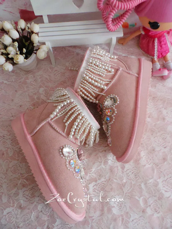 New **PROMOTION WINTER Pink Sheepskin Fleech/Wool Boots with shinning and Princess CRYSTALS Pearls