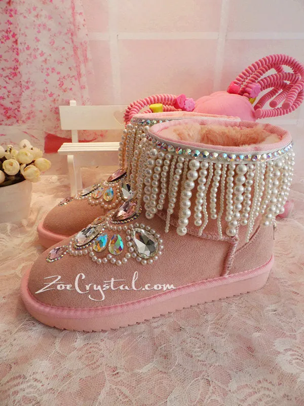 New **PROMOTION WINTER Pink Sheepskin Fleech/Wool Boots with shinning and Princess CRYSTALS Pearls