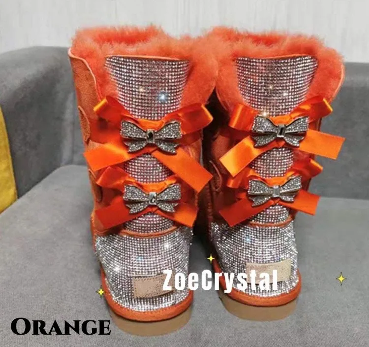 New**Super Bling and Sparkly middle high SheepSkin Wool BOOTS w shinning Czech crystals Bailey bow boots