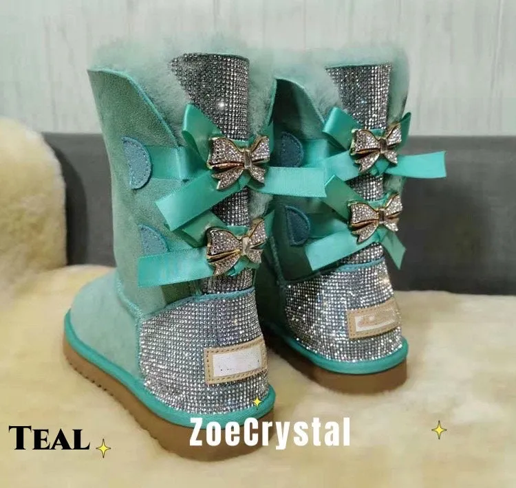 New**Super Bling and Sparkly middle high SheepSkin Wool BOOTS w shinning Czech crystals Bailey bow boots